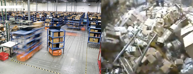  Clean robotically assisted warehouse compared to one in disarray. 